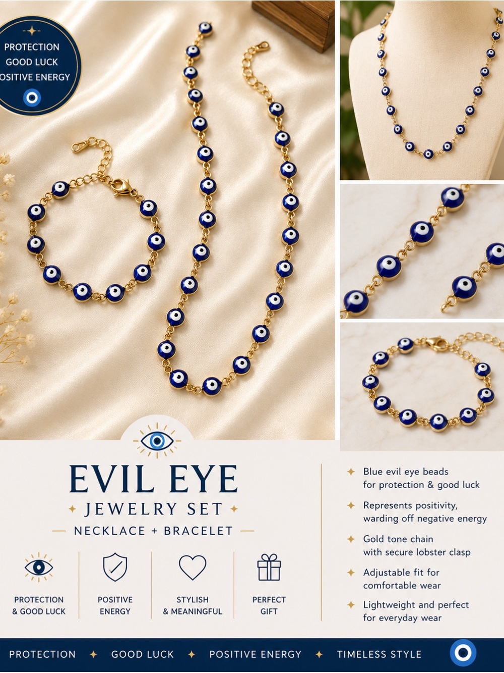 Evil Eye Blue Bead Necklace & Bracelet Set - Gold Tone